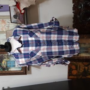 Womens Plaid button up Collared Blouse shirt red white blue Country Western ELY